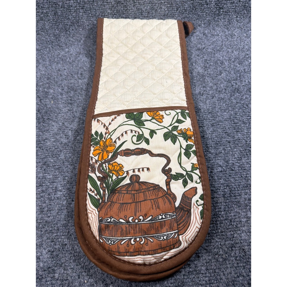 Vintage Double Oven Mitt Quilted Teapot Floral Print Brown Cream Pot Holder - Picture 4 of 5
